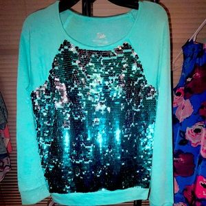Justice girls size 12 cotton- sequins shirt. Teal